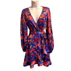 Marciano Guess Wrap Mini Dress US 2 Bold Blue Red Abstract Floral Long Sleeve